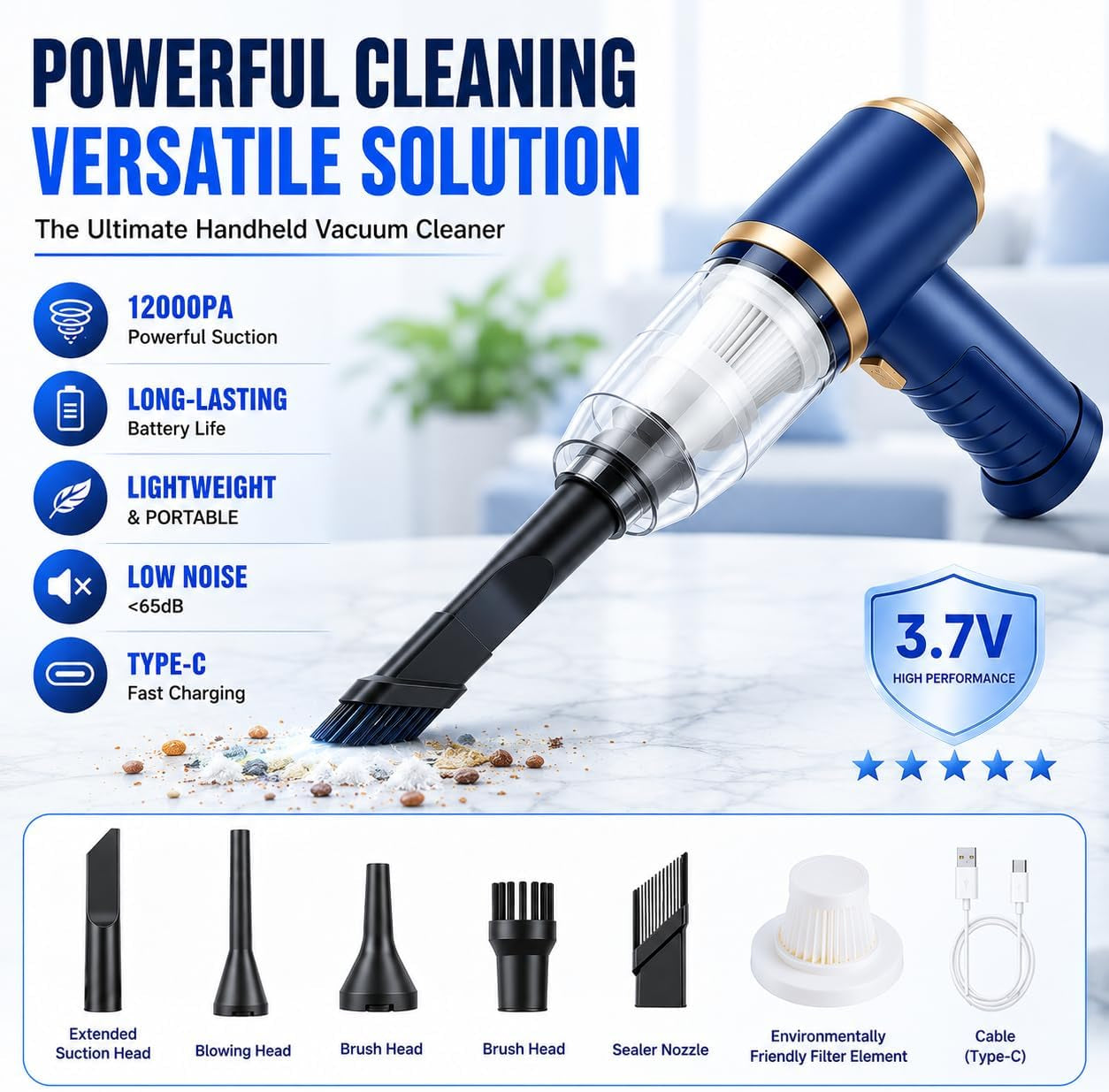 Powerful Cordless Car Vacuum Cleaner - 120W Portable Mini Vacuum with 12000Pa Suction for Home, Office, and Car Cleaning