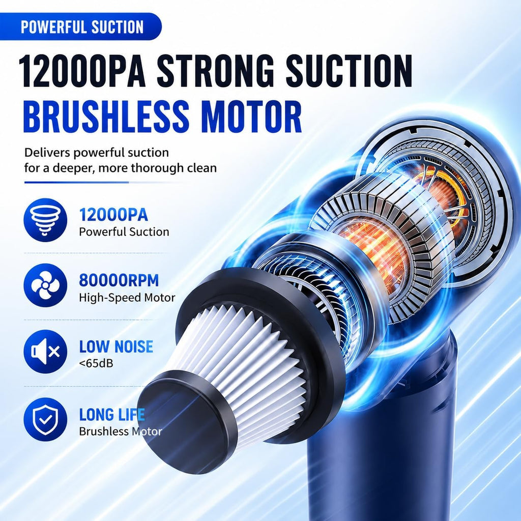 Powerful Cordless Car Vacuum Cleaner - 120W Portable Mini Vacuum with 12000Pa Suction for Home, Office, and Car Cleaning