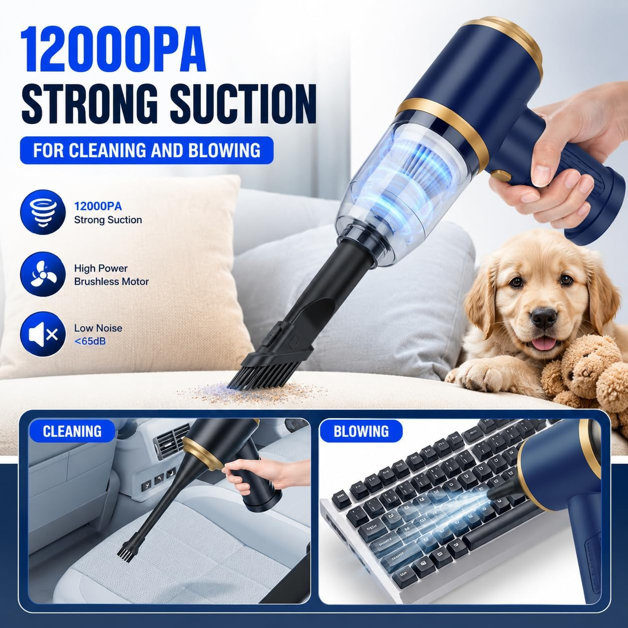 Powerful Cordless Car Vacuum Cleaner - 120W Portable Mini Vacuum with 12000Pa Suction for Home, Office, and Car Cleaning