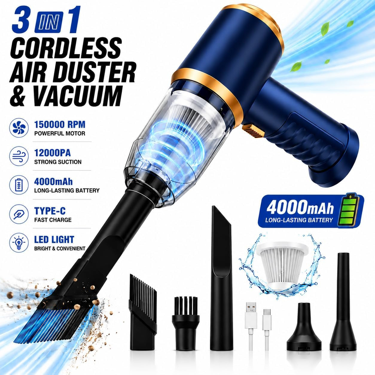Powerful Cordless Car Vacuum Cleaner - 120W Portable Mini Vacuum with 12000Pa Suction for Home, Office, and Car Cleaning