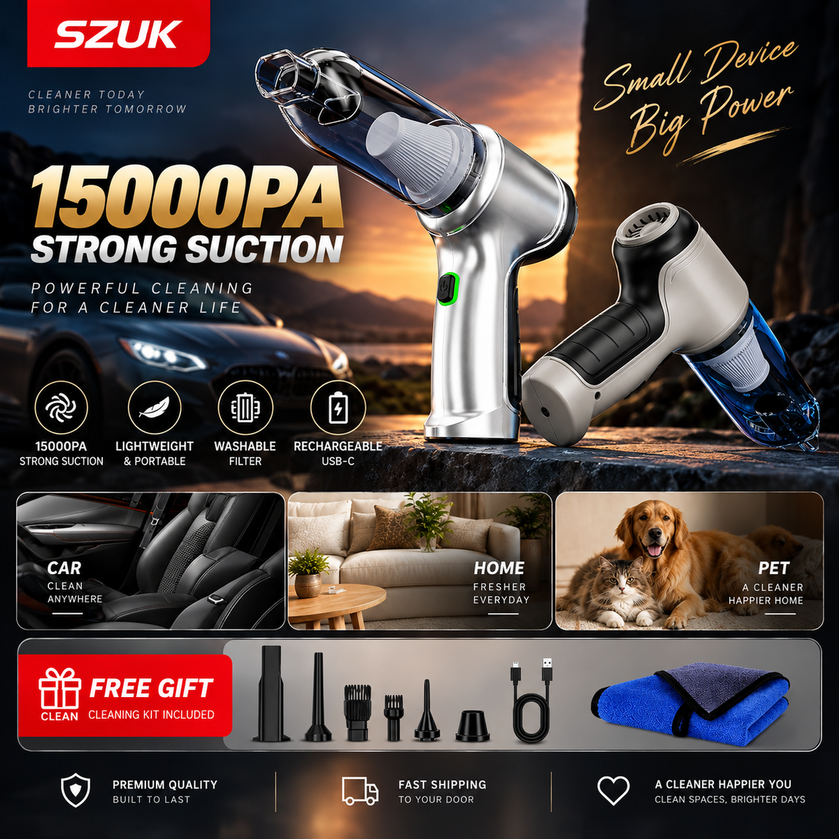 15,000Pa Cordless Car Vacuum & Air Duster