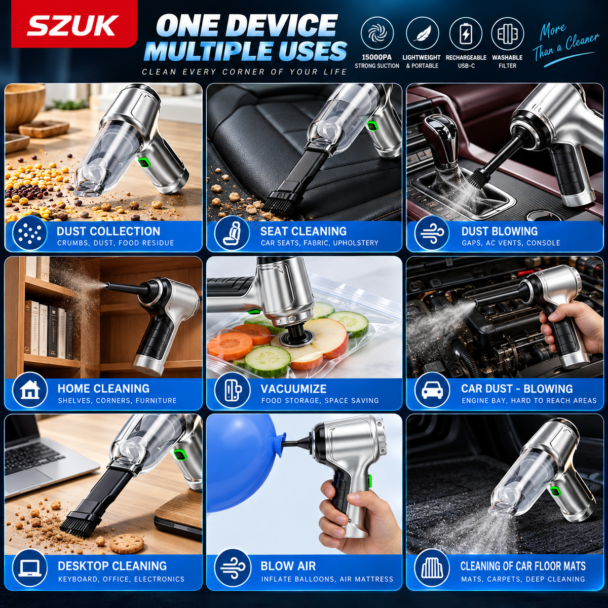 15,000Pa Cordless Car Vacuum & Air Duster