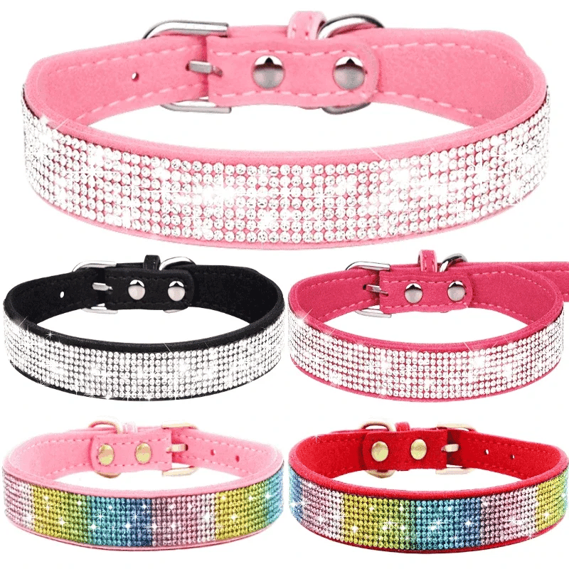 Rhinestone Suede Dog Collar - Soft Glitter Collar for Small Dogs and Cats (XS-L)