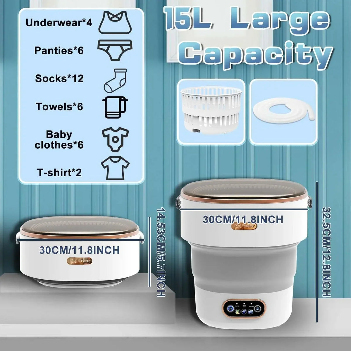15L Foldable Portable Washing Machine with Spin Function