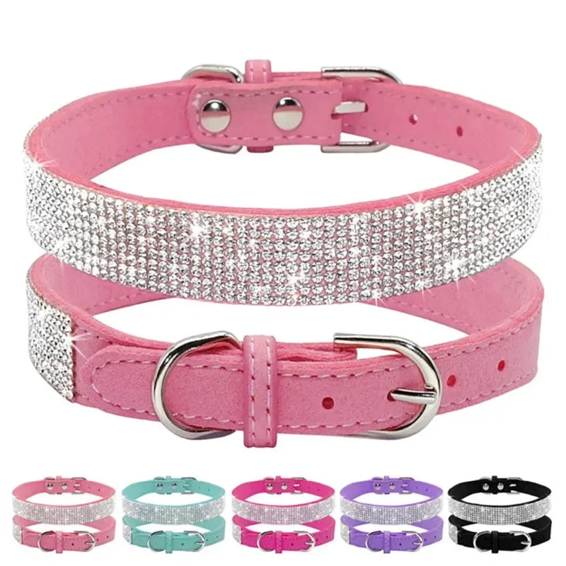 Rhinestone Suede Dog Collar - Soft Glitter Collar for Small Dogs and Cats (XS-L)