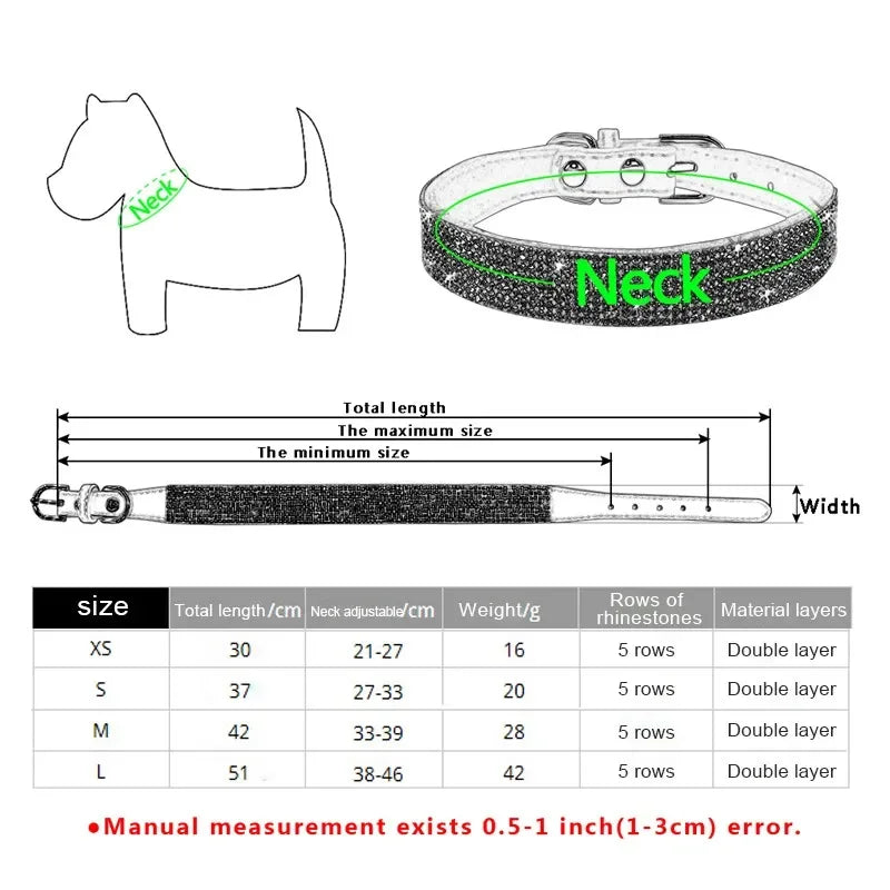Rhinestone Suede Dog Collar - Soft Glitter Collar for Small Dogs and Cats (XS-L)