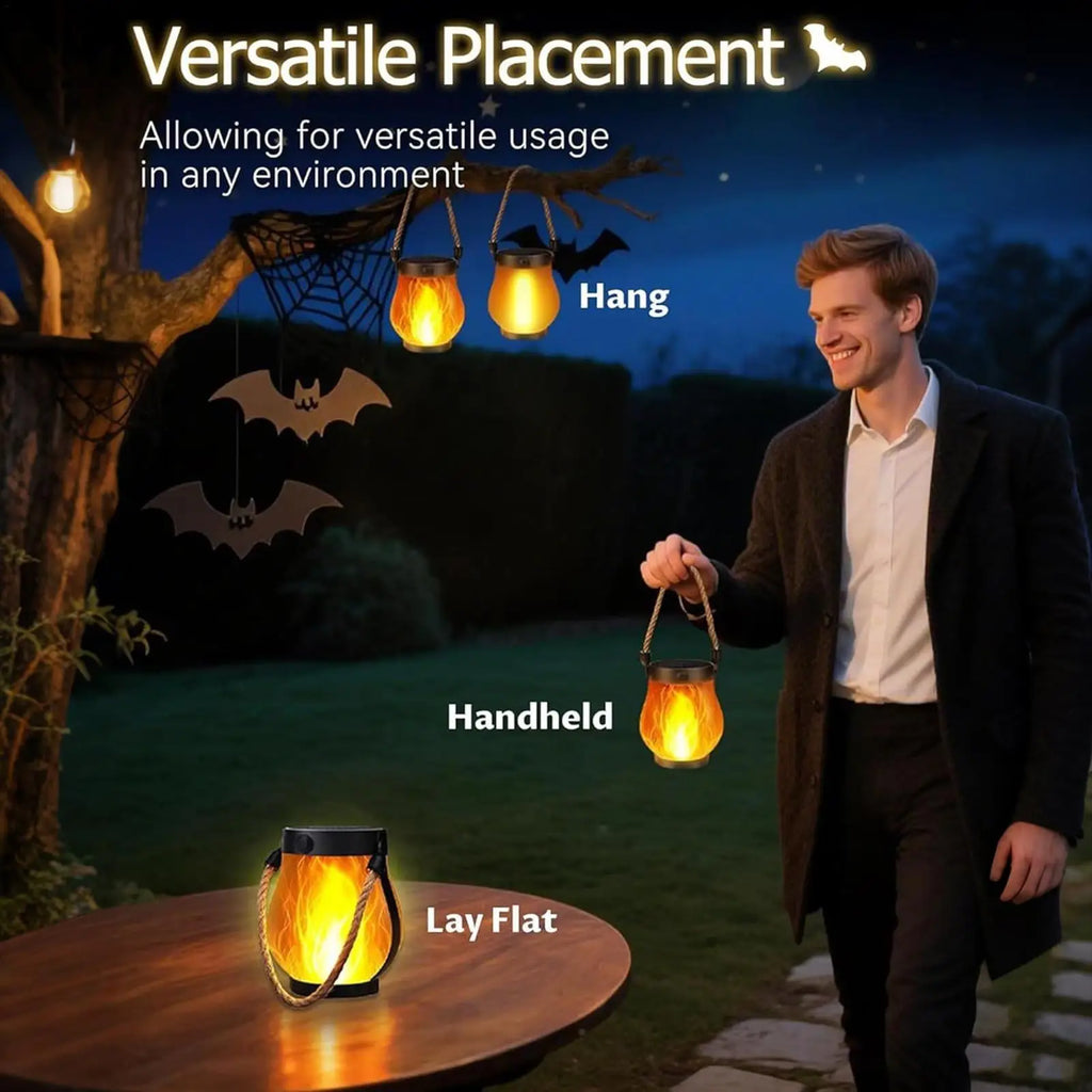Solar Halloween Lantern with Flickering Flame Effect & USB Charging