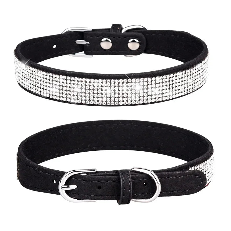 Rhinestone Suede Dog Collar - Soft Glitter Collar for Small Dogs and Cats (XS-L)