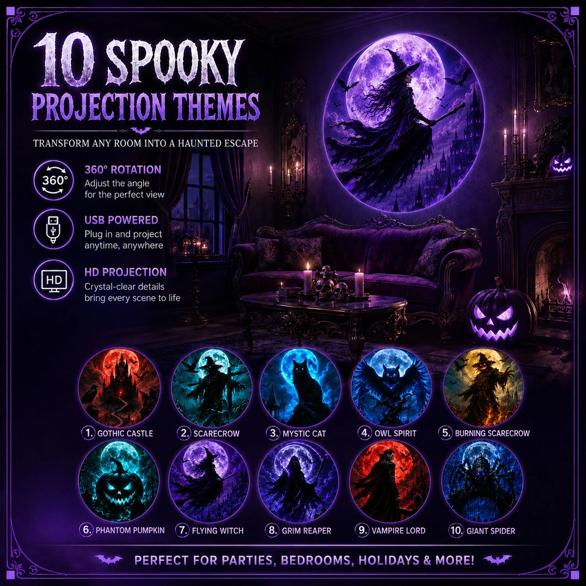 Halloween Projector Light, 10 Decorative Projection Patterns