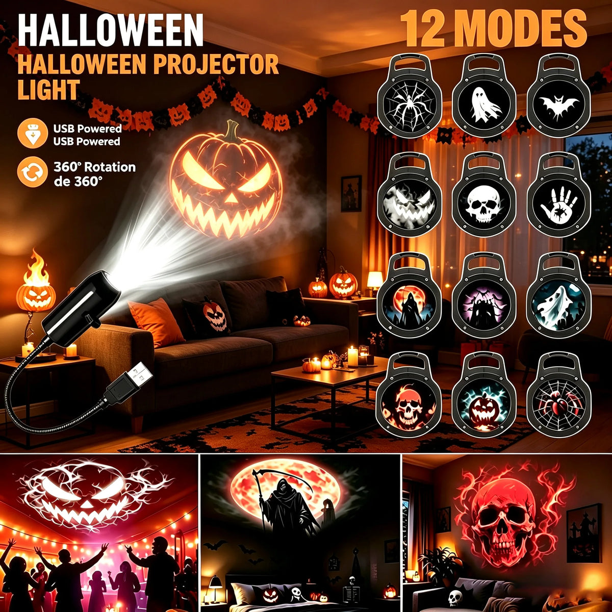 Adjustable Halloween USB Projector Light, 3 to 12 Styles