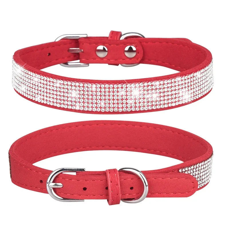 Rhinestone Suede Dog Collar - Soft Glitter Collar for Small Dogs and Cats (XS-L)