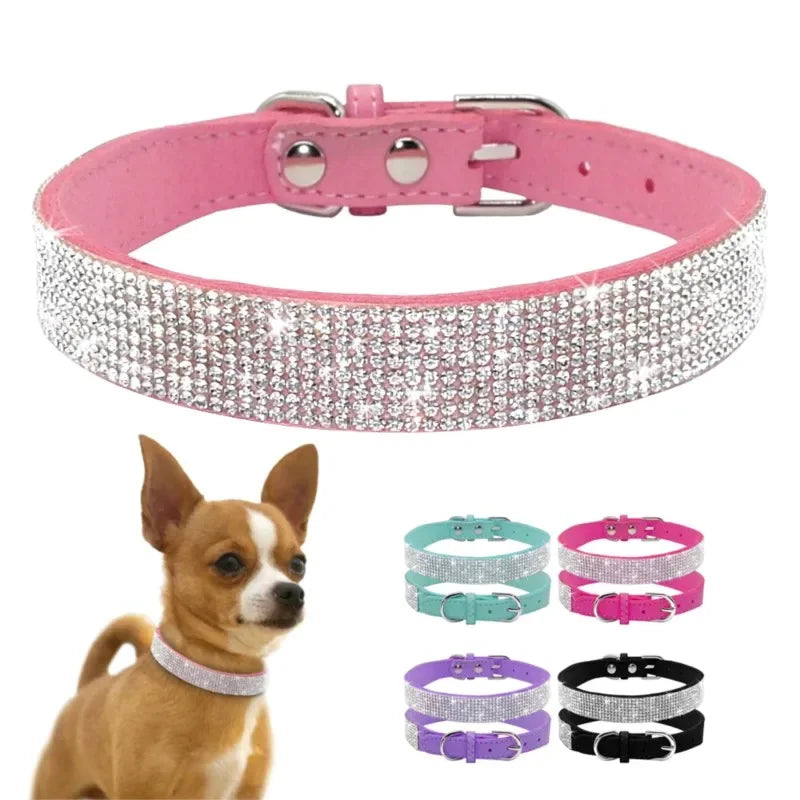 Rhinestone Suede Dog Collar - Soft Glitter Collar for Small Dogs and Cats (XS-L)