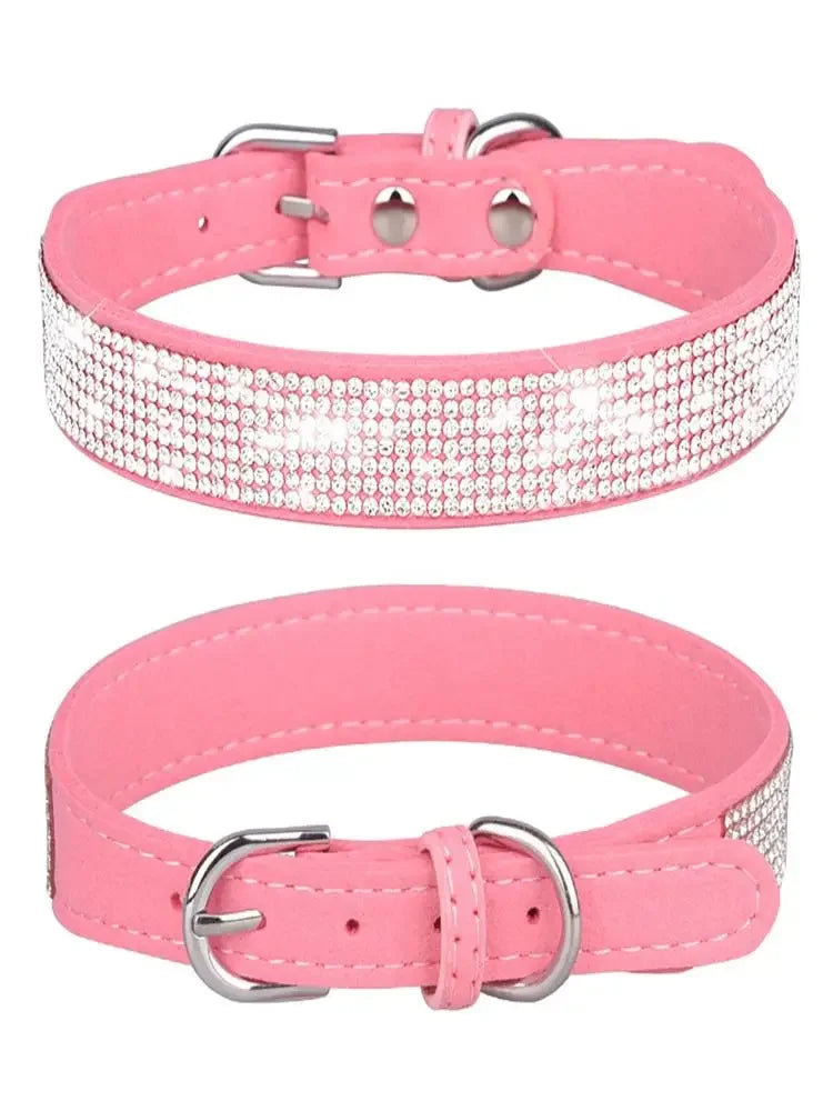 Rhinestone Suede Dog Collar - Soft Glitter Collar for Small Dogs and Cats (XS-L)