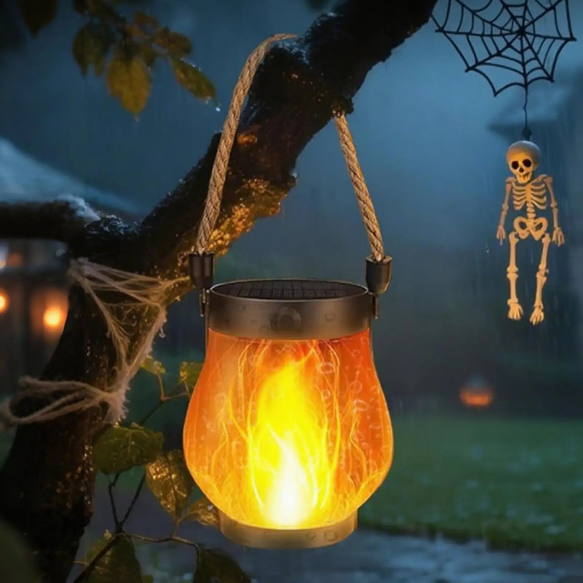 Solar Halloween Lantern with Flickering Flame Effect & USB Charging