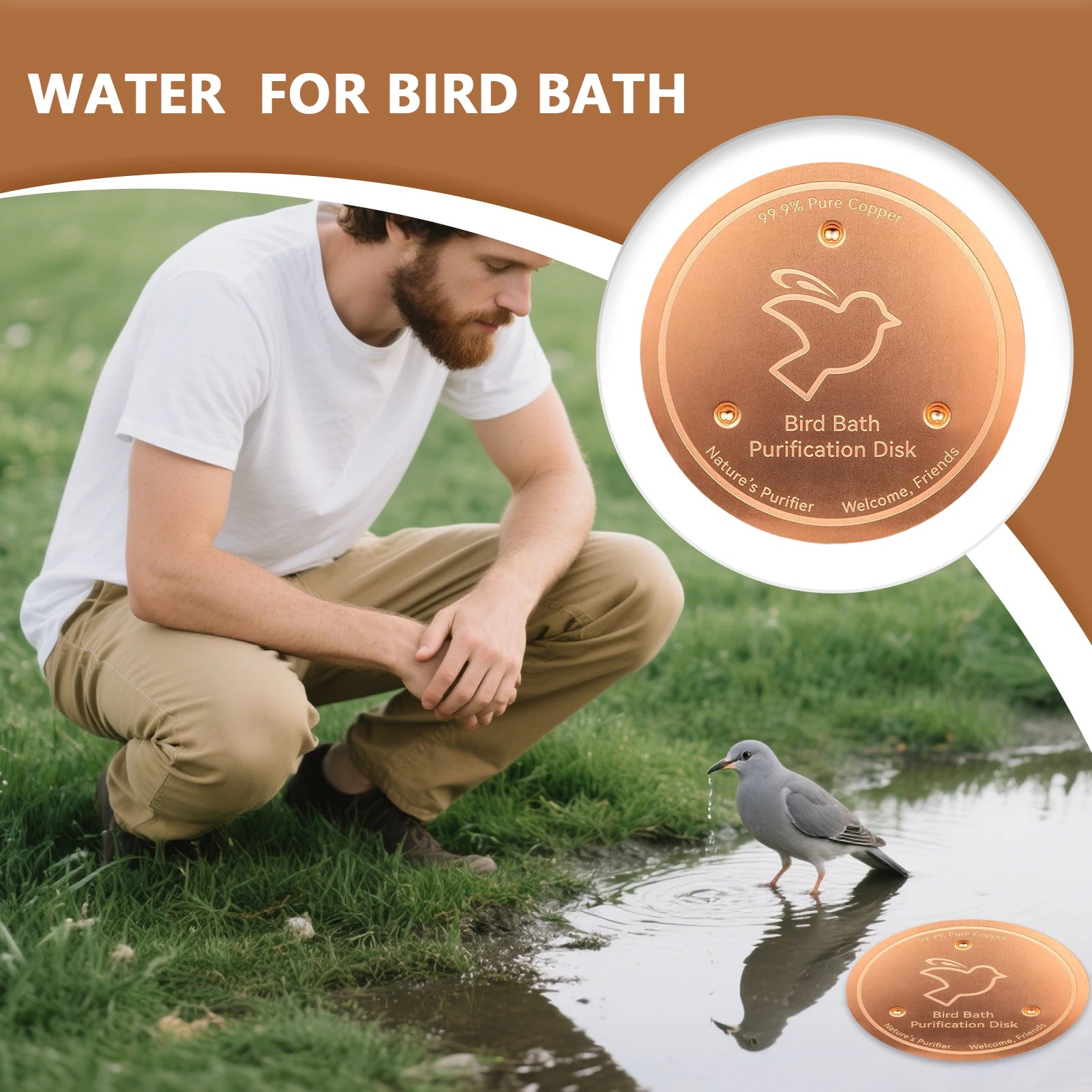 Bird Bath Copper Birdbath Purifier with Triple-Point Support Bath Disk Ornaments Feeder Accessories for Outdoor Bird Baths Bowls