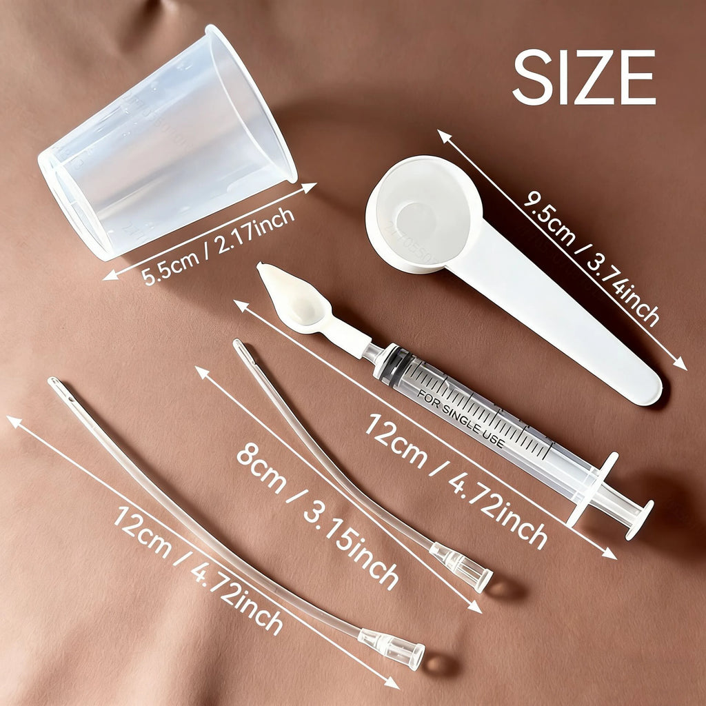 Bird medication feeding kit in a box, 10 feeding tubes, 5 syringes, 5 small spoons, 1 large spoon, measuring cup and box