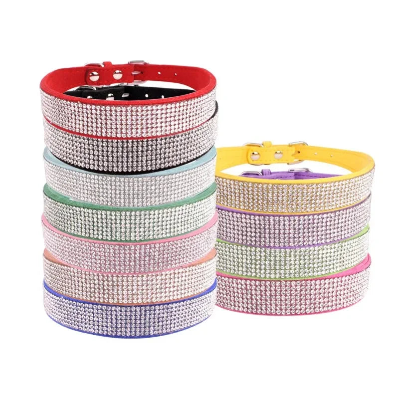Rhinestone Suede Dog Collar - Soft Glitter Collar for Small Dogs and Cats (XS-L)