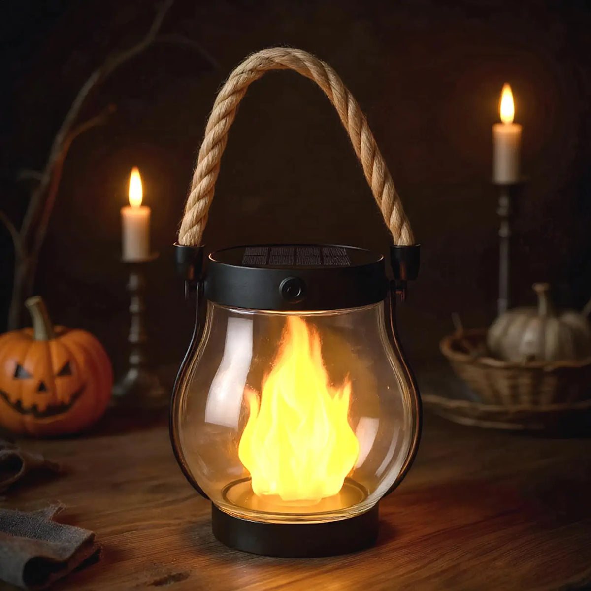 Solar Halloween Lantern with Flickering Flame Effect & USB Charging