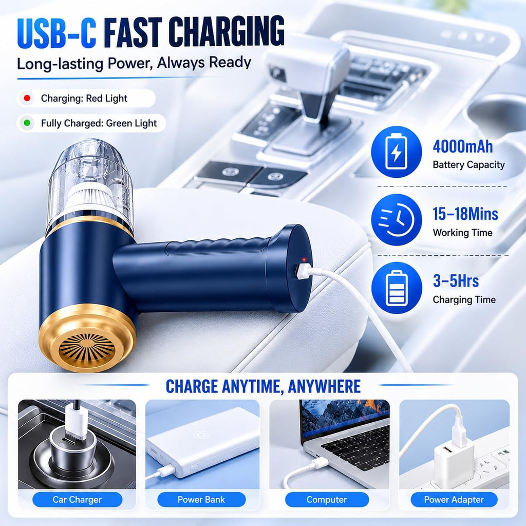 Powerful Cordless Car Vacuum Cleaner - 120W Portable Mini Vacuum with 12000Pa Suction for Home, Office, and Car Cleaning